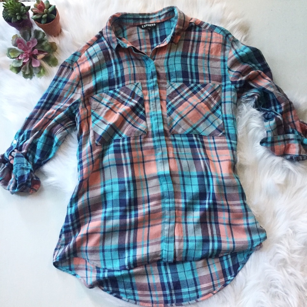 Express Plaid Peach & Blue Flannel Button Down
